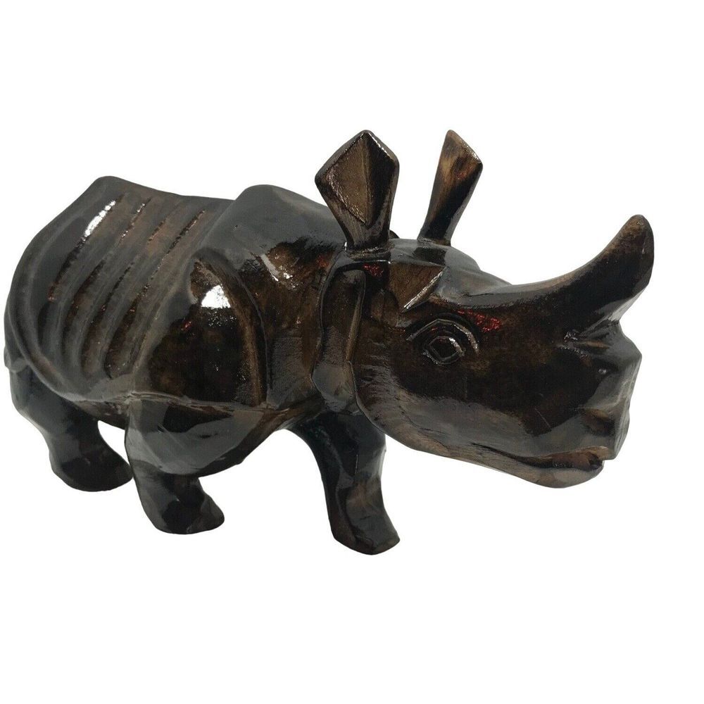 Wood Art Sculpture hand carved wooden Rhino East India Indian Assam 11x5 Brown‎